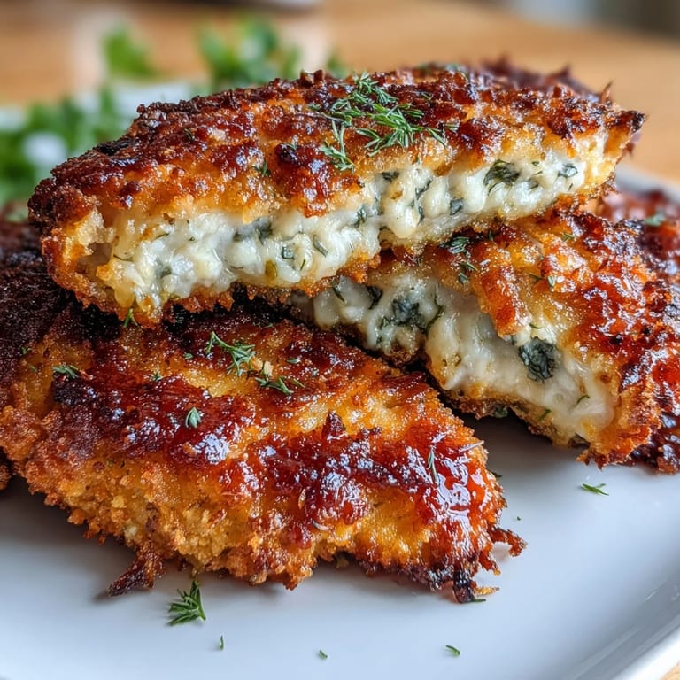 Hähnchenbrustfilets in Dillgurken-Sud mariniert, mit Parmesan-Panade überzogen und knusprig frittiert.