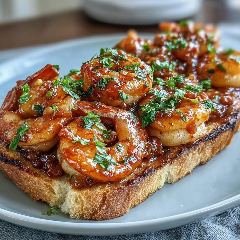 Knusprig gebratene Garnelen mit kräftigem Calabrischer-Chili-Aroma auf geröstetem Sauerteigbrot für einen würzigen Genuss.