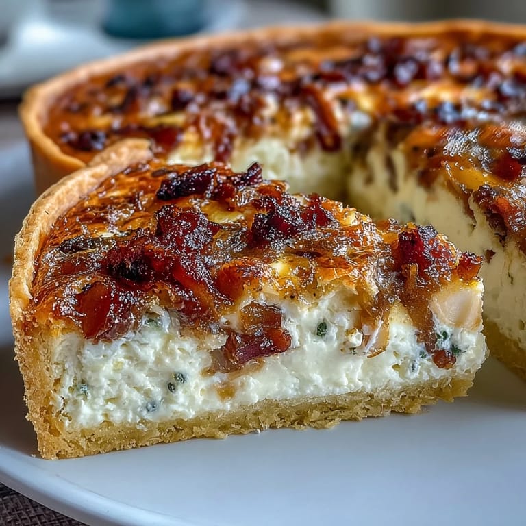 1. Leckere Quiche mit karamellisierten Zwiebeln und knusprigem Speck in goldener Teigkruste, perfekt für Brunch oder Abendessen.