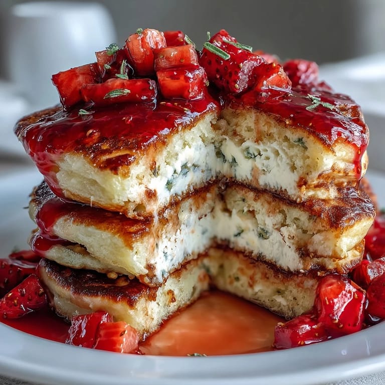 Goldbraune Cottage Cheese Erdbeer Protein Pancakes, serviert mit extra frischen Beeren und einem Hauch Honig.  