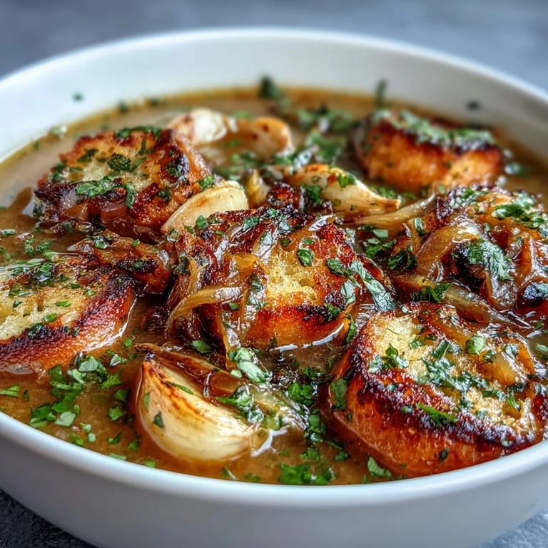 3. Herzhaft-würzige geröstete Knoblauch-Zwiebel-Suppe mit goldgelben, butterzarten Zwiebeln und knusprigen, duftenden Kräuter-Croûtons.