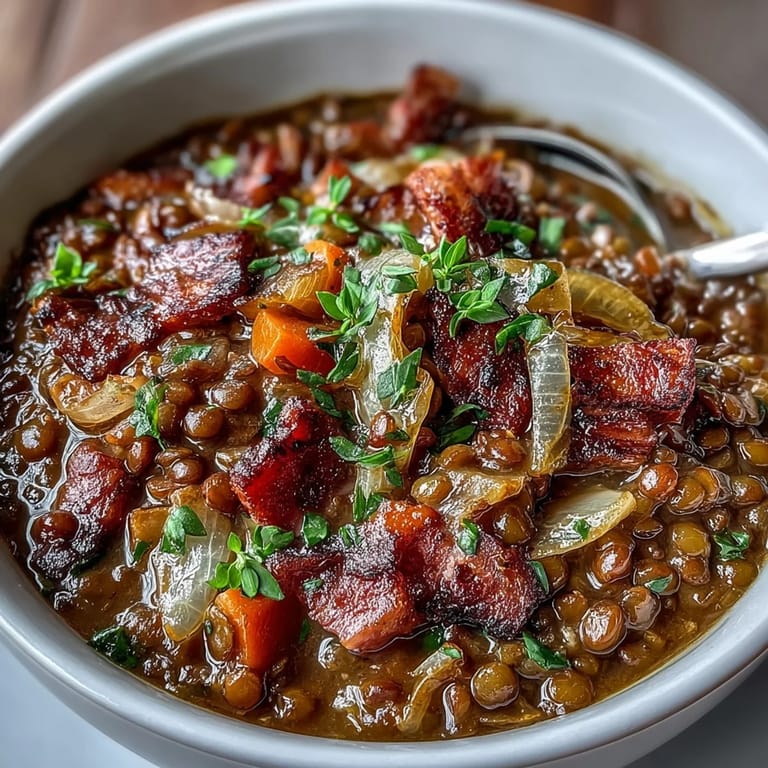 One-Pot-Eintopf mit Linsen, Schinken und Zwiebeln, perfekt für ein einfaches Abendessen.