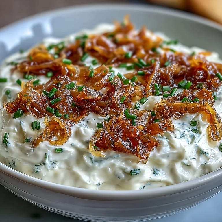 Ein cremiger Dip aus karamellisierten Zwiebeln und griechischem Joghurt, perfekt für Partys oder Snacks.