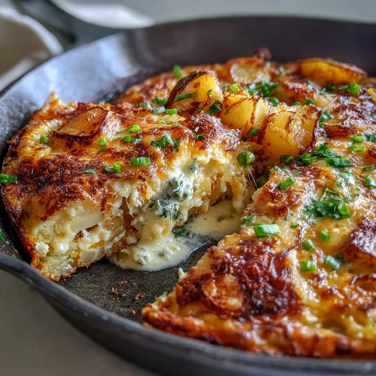 Zarte Kartoffeln und bunte Frühlingszwiebeln in einer luftigen Eimasse, überbacken mit würzigem Cheddar – perfekt für einen gemütlichen Sonntagsbrunch.