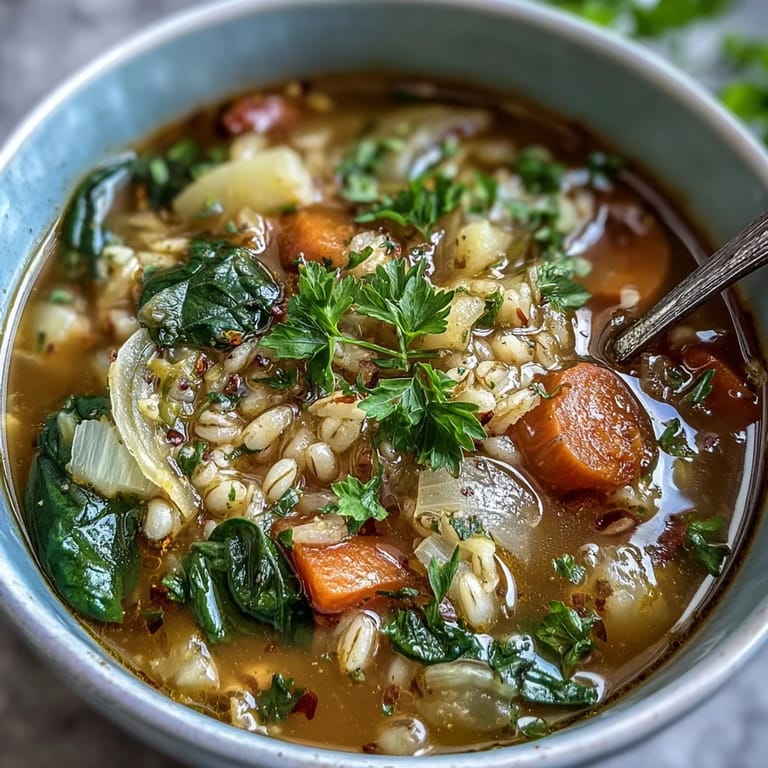 Herzhafte Winter-to-Spring Vegetable Soup with Barley mit frischen Kräutern garniert und knusprigem Brot daneben.