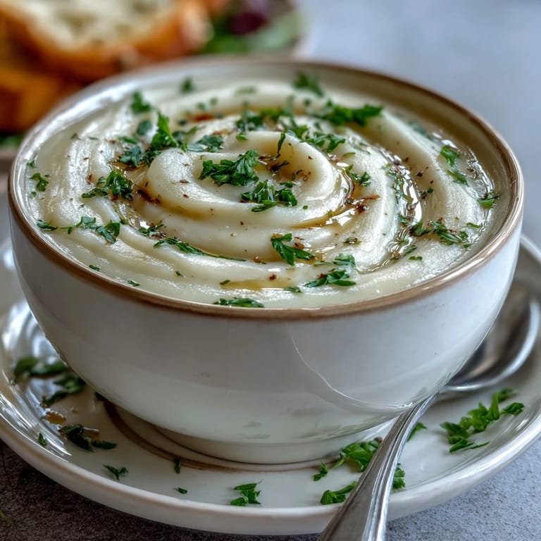 Dampfende Schüssel mit cremiger Zwiebel- und Blumenkohlsuppe, serviert mit knusprigem Brot auf der Seite.  