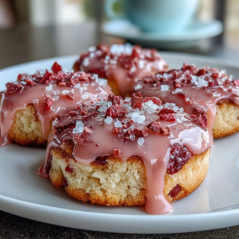 Rosa glasierte Erdbeerplätzchen auf einem rustikalen Teller, perfekt für festliche Anlässe oder als süße Leckerei.