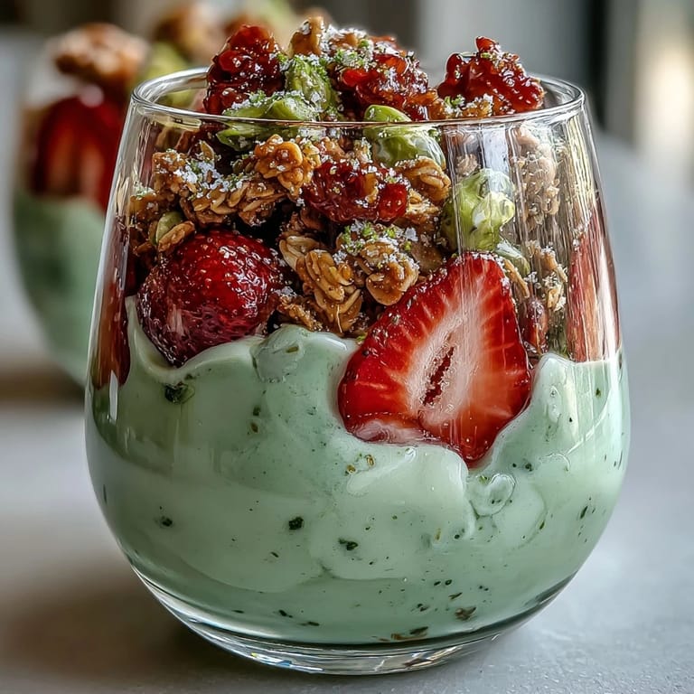 Schichtweise angeordnete Erdbeer-Matcha-Joghurt-Parfaits mit knusprigem Granola, garniert mit gehackten Nüssen und frischer Minze.  