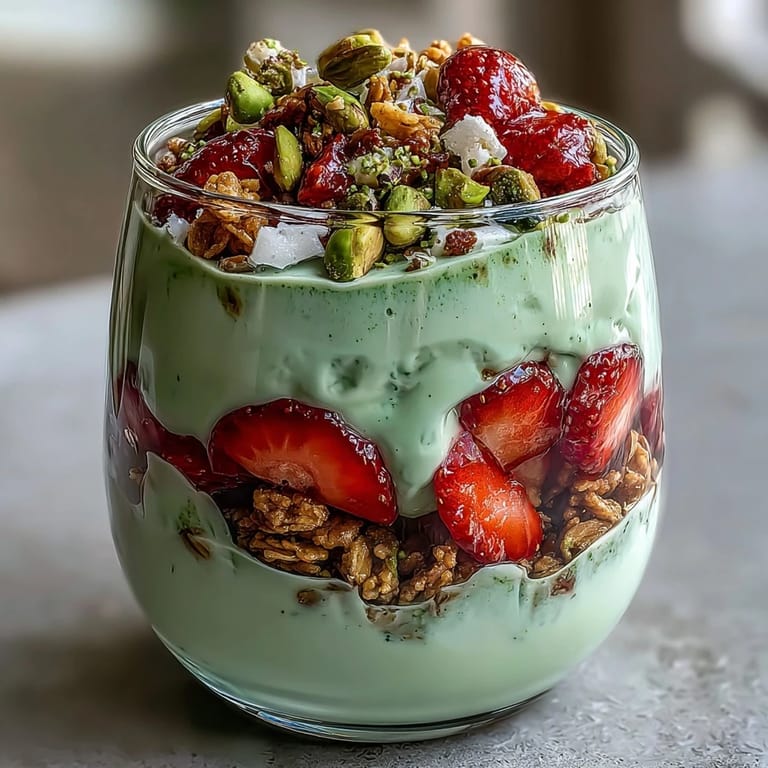 Vier hübsche Gläser gefüllt mit Matcha-Joghurt, Erdbeerscheiben und knusprigem Granola für ein einfaches, vegetarisches Frühstück.