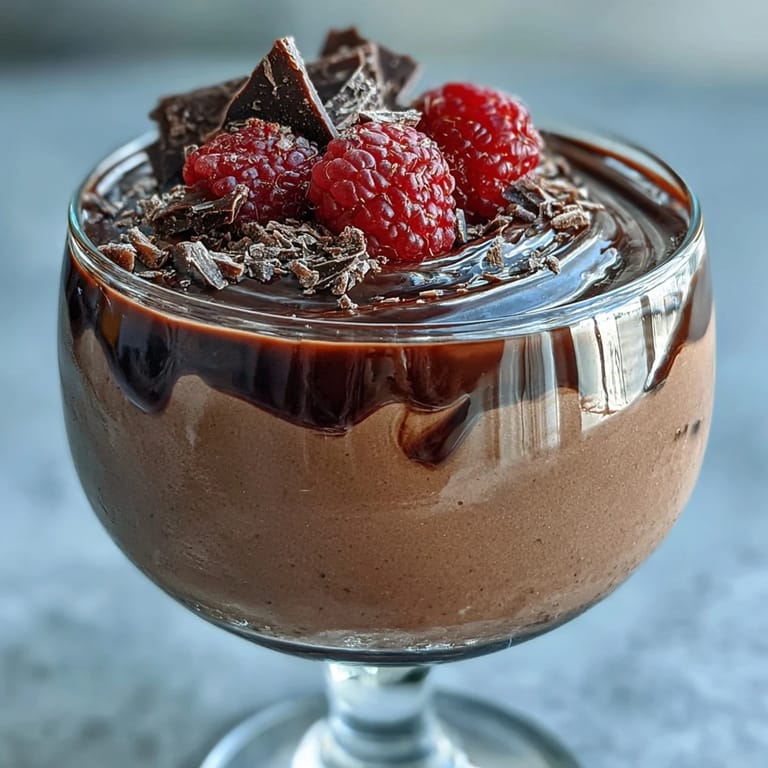 1. Cremige Schokoladen-Mousse mit hohem Proteingehalt aus Hüttenkäse, dekoriert mit frischen Beeren und Schokoraspeln.