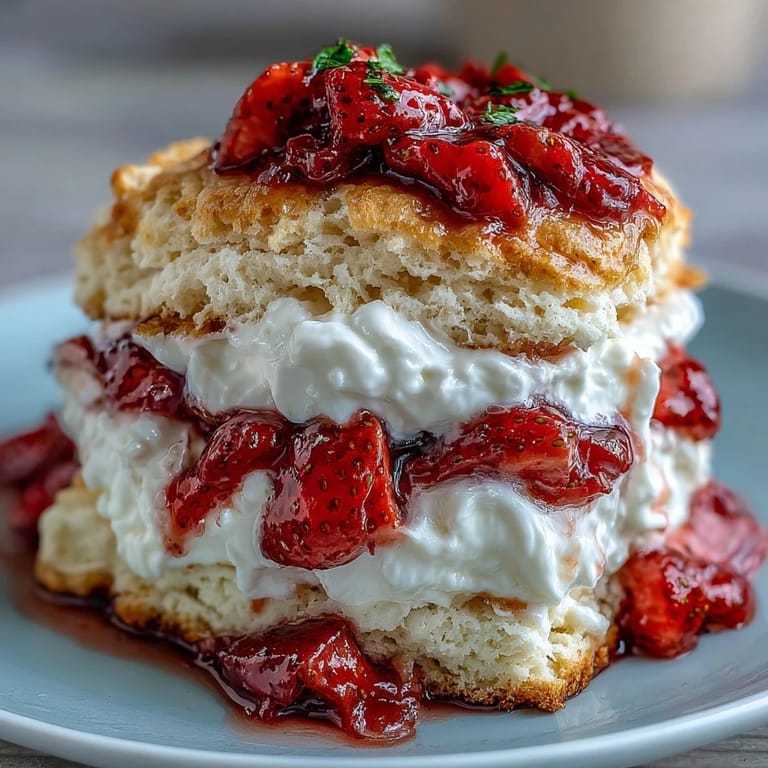 Goldbraune Biskuit-Schichten, gefüllt mit saftigen Erdbeeren und cremiger Schlagsahne.