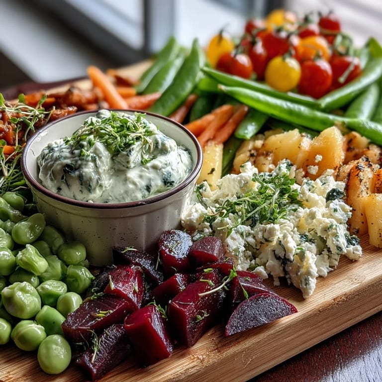 Knackige Radieschen, Erbsen und Karotten mit cremigem Kräuterdip auf einem bunten Teller.