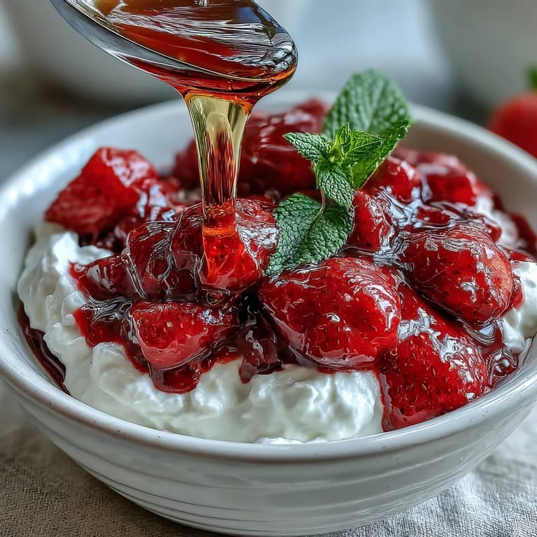 Süß-saurer Erdbeer-Kompott serviert auf cremigem griechischem Joghurt für ein erfrischendes Dessert.