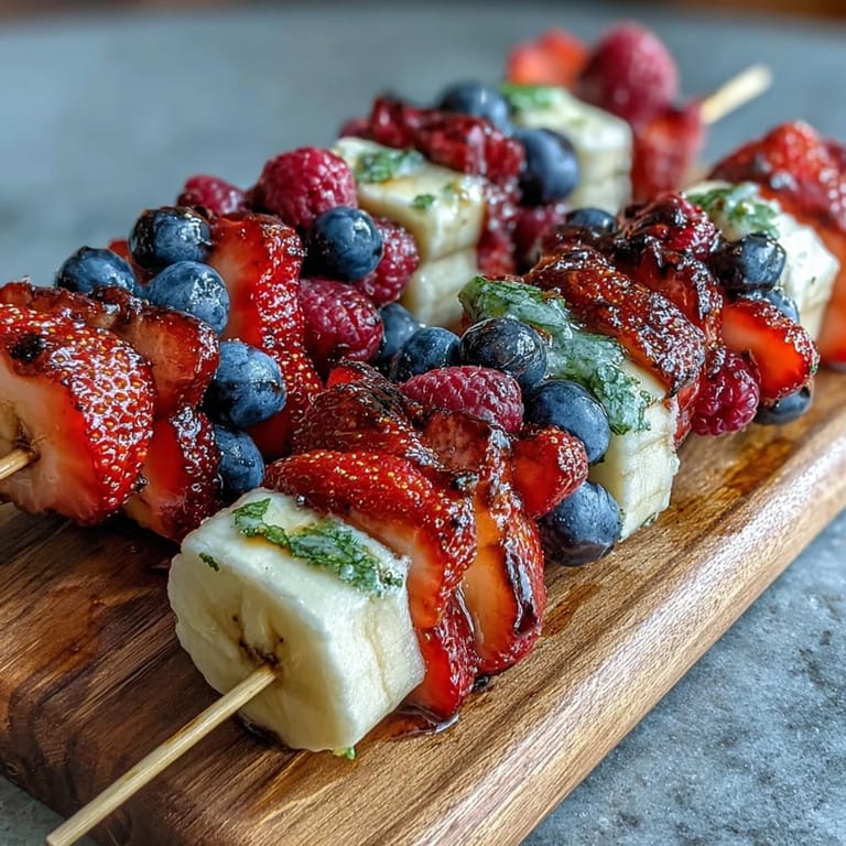 Bunte patriotische Obstspieße mit Erdbeeren, Bananen und Heidelbeeren für Sommerpartys.