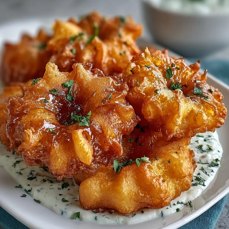 Goldgelb frittierte Löwenzahnschnecken mit frischem Kräuterdip, perfekt als Vorspeise.