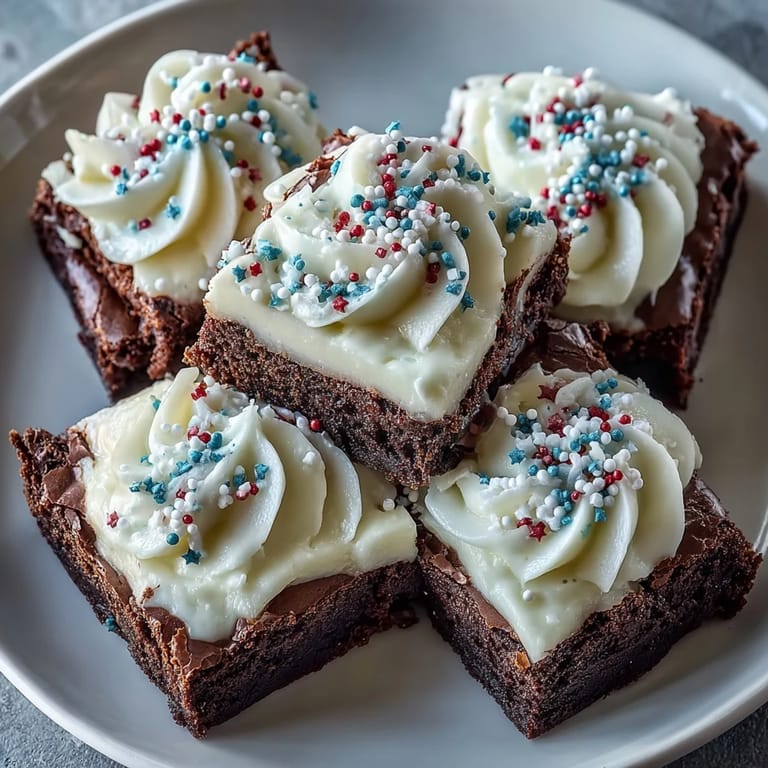 Festliche 4th of July Brownie Bites mit rot-weiß-blauen Streuseln und glänzender Frosting-Decke.