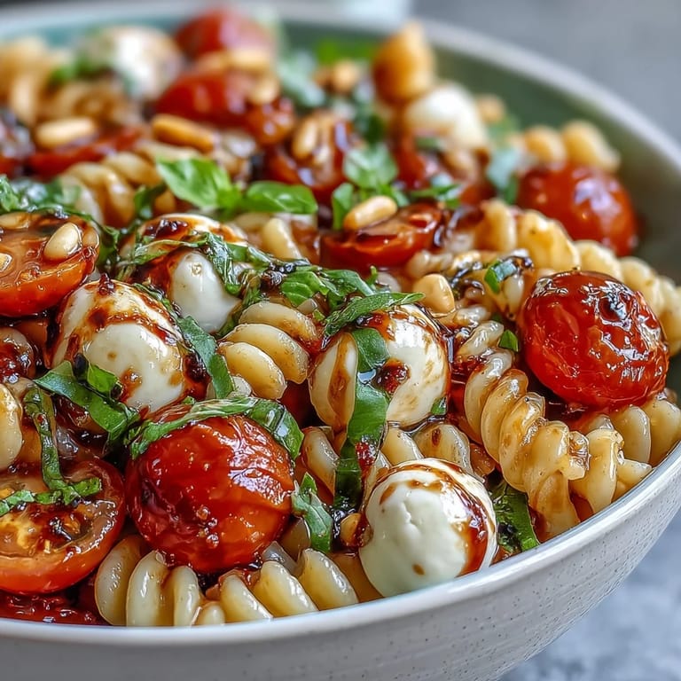 Saftige Tomaten, Basilikum und Mozzarella in einem erfrischenden Caprese-Pastasalat.
