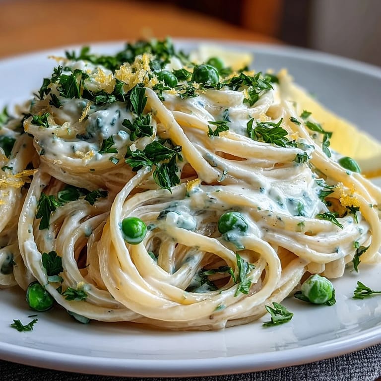 Pasta mit Ricotta-Zitronen-Sauce und grünen Erbsen, bestreut mit frischer Petersilie.