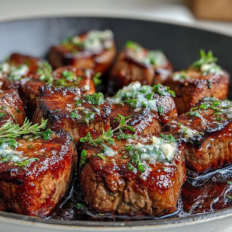 Zarte Steak-Würfel mit Knoblauch und Petersilie in einer Pfanne angebraten, perfekt für ein einfaches Low-Carb-Abendessen.