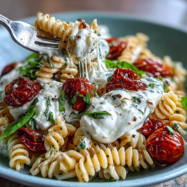 Saftige Caprese Pasta mit Burrata – perfekt für den Sommer mit Tomaten und frischem Basilikum.