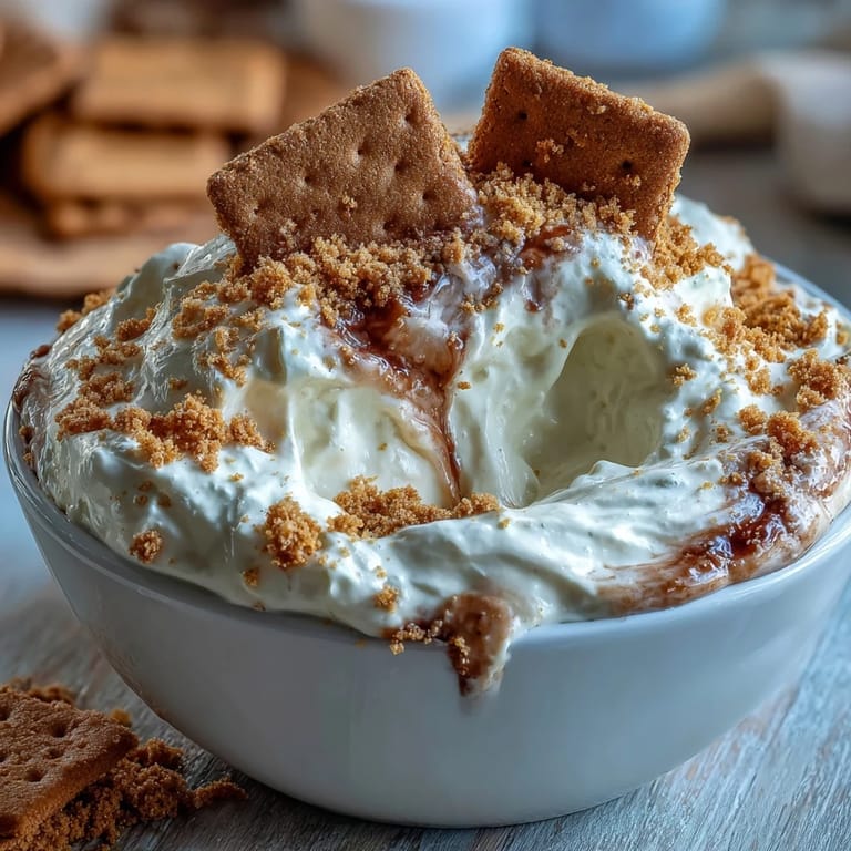 Kühler, cremiger Cheesecake-Dip mit Graham Crackern für ein einfaches Dessert.