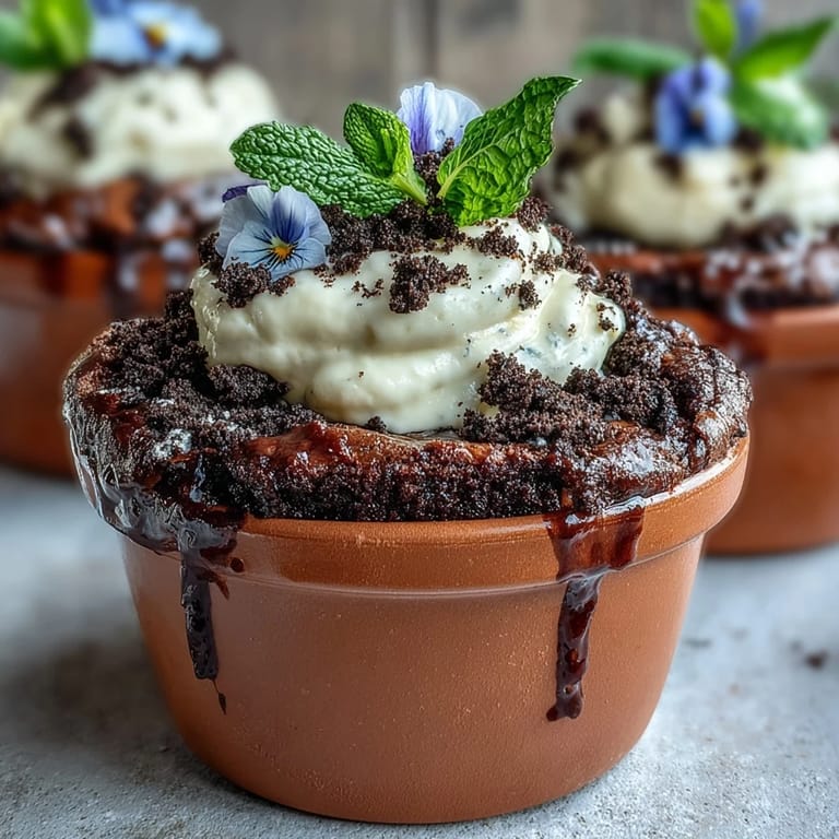 Köstliche Brownies in Mini-Blumentöpfen, dekoriert mit cremiger Schlagsahne, knusprigem Oreo-"Dreck" und bunten Gummiblumen.