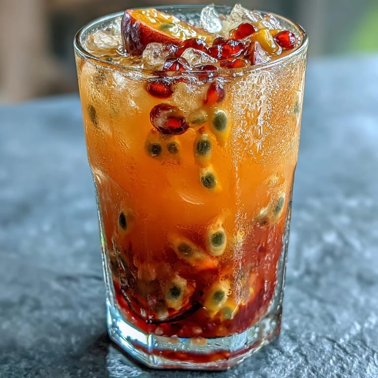 2. Bunter und erfrischender Mocktail mit geschichteten Passionsfrucht-, Orangen- und Ananassäften, garniert mit Minze und Passionsfruchtmark.