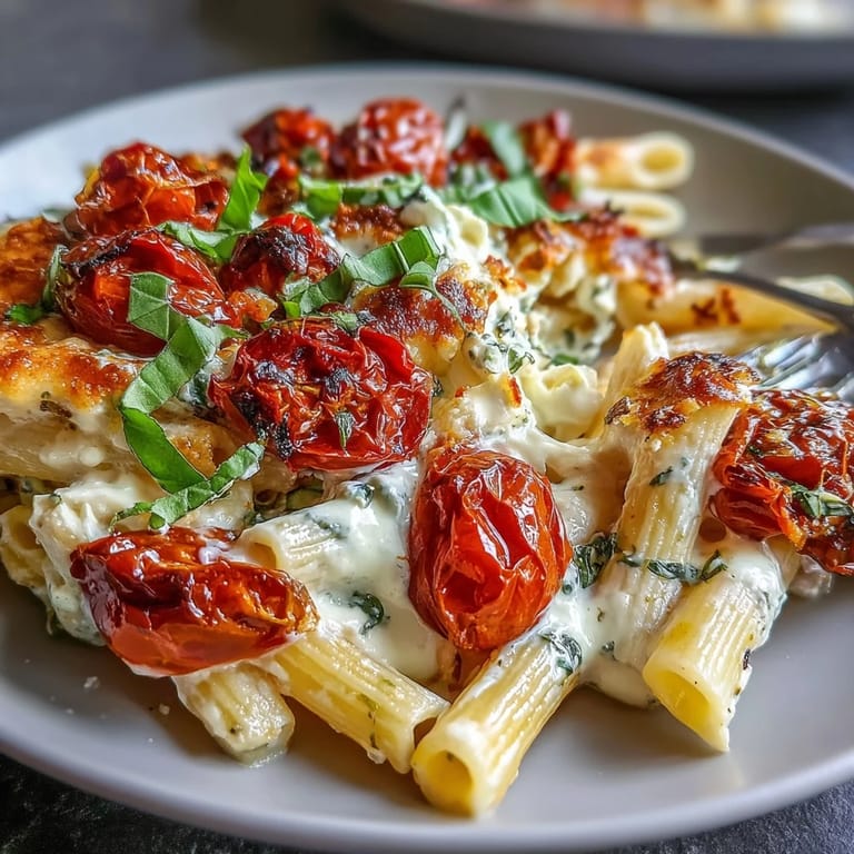 Goldbrauner Feta und geplatzte Cherrytomaten vermischen sich zu einer cremigen Sauce in diesem farbenfrohen Pasta-Gericht.  