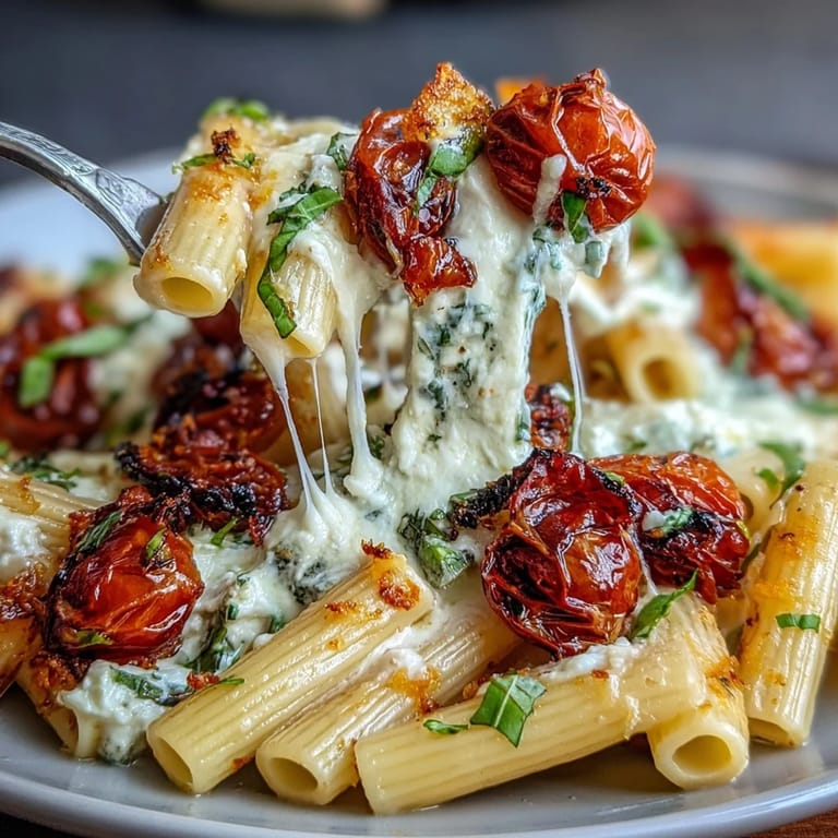 Mediterranes Pasta-Gericht mit gebackenem Feta, aromatischen Cherrytomaten und duftendem Basilikum, einfach und beeindruckend.