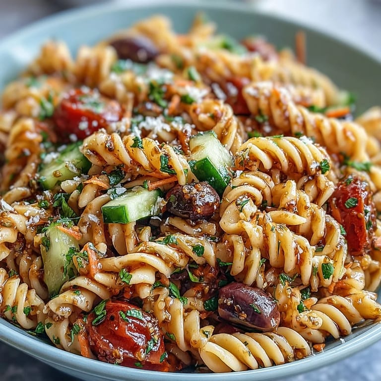 Farbenfroher Nudelsalat mit italienischem Dressing und knackigem Gemüse, perfekt für sommerliche Feiern.  