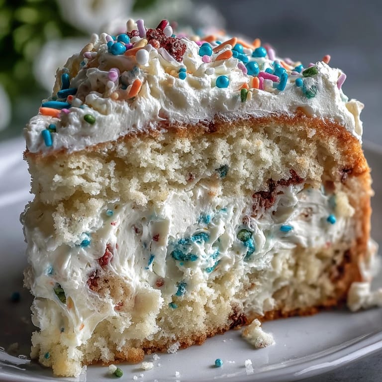 Festlicher Funfetti Dip Kuchen mit fröhlichen Streuseln und luftigem Teig für Frühlingsfeiern.  
