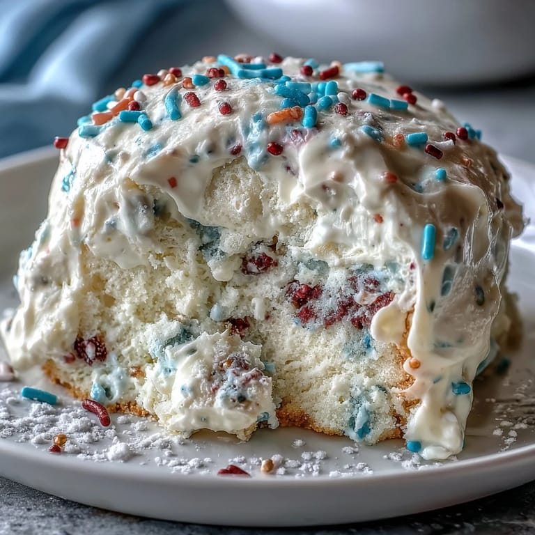 Bunter Funfetti Dip Kuchen mit cremiger Creme und extra Streuseln für Geburtstage.