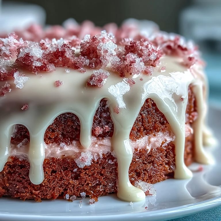 Ein zarter roséfarbener Velvet-Kuchen mit cremiger Glasur und eleganter goldener Tropfenglasur für festliche Momente.