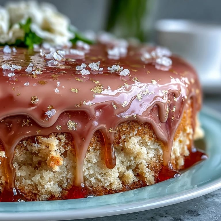 2. Rosé-Velvet-Torte mit Goldglanz: Drei zarte Lagen mit Rosé-Wein und rosa Farbe, umhüllt von samtiger Creme und einem funkelnden Gold-Drip.  