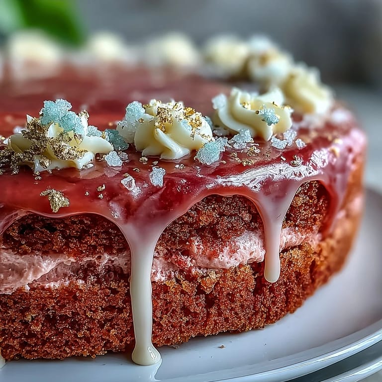3. Eleganter Rosé-Samt-Kuchen mit Gold-Drip: Perfekt für Hochzeitsfeiern – zarter Rosé-Geschmack, cremige Schichten und ein luxuriöser goldener Schokoladen-Tropf.
