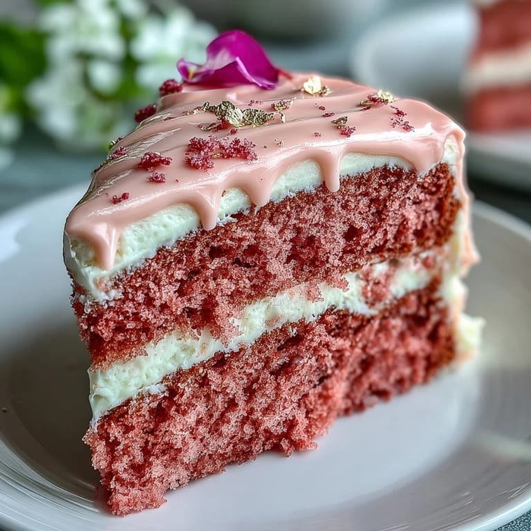 Rosé-Velvet-Hochzeitstorte mit Goldtropfen: Saftige roséinfundierte Biskuitböden, dekoriert mit edlem Goldguss und frischen Blüten.