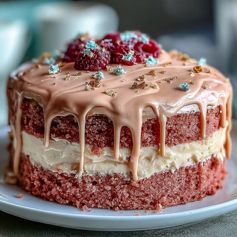 Zarter Rosé-Velvet-Kuchen mit cremiger Frischkäseglasur und elegantem Gold-Drip – perfekt für festliche Anlässe.