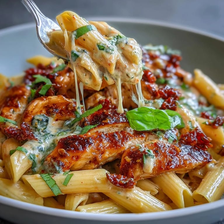 Himmlisches Marry Me Chicken Pasta, verziert mit frischem Basilikum und cremigem Belag.