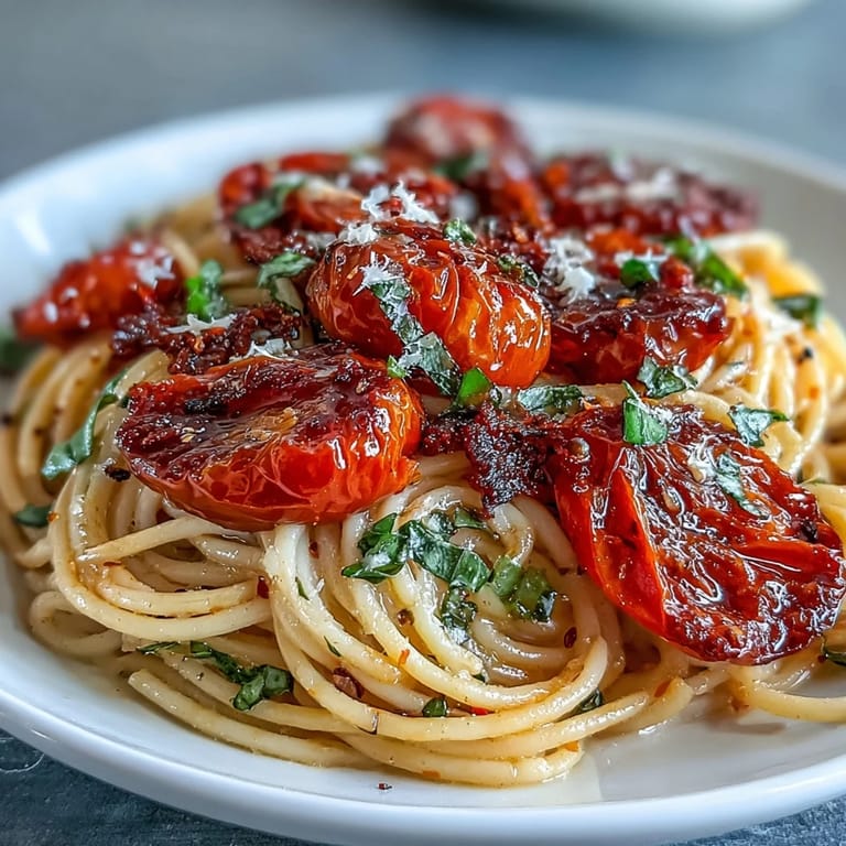 Glänzende Cherry-Tomaten-Confit-Pasta, bedeckt mit frischem Basilikumöl und Käse.