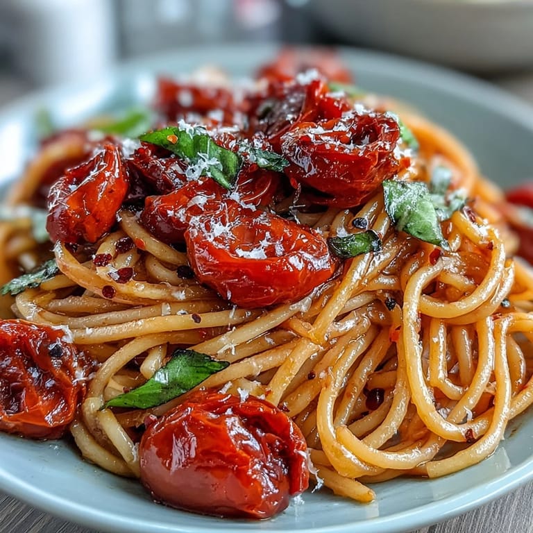 Eine Portion farbenfroher Cherry-Tomaten-Confit-Pasta, bereit zum Genießen.