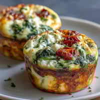 Sechs High-Protein Egg Muffin Cups mit Spinat und Tomaten auf einem weissen Teller, gestapelt und warm serviert.