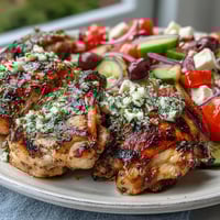 Grilled Lemon Herb Chicken Thighs with Greek Salad auf einem Teller mit saftigen, gegrillten Hähnchenschenkeln und buntem Salat.