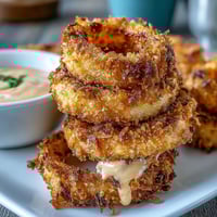 Knusprige goldene Zwiebelringe mit rauchiger Paprikadipsauce, gebacken für eine leichtere, knusprige Textur.