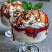 Fluffy Yogurt Peach Melba Cups with Toasted Almonds: creamy yogurt layers with juicy peaches, tangy raspberry sauce, and crunchy toasted almonds in elegant glasses.