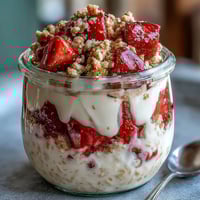 1. Creamy Strawberry Cheesecake Overnight Oats mit frischen Erdbeeren und knusprigem Graham-Cracker-Crumble für ein verführerisches Frühstückserlebnis.