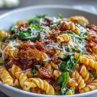Eine Schüssel mit One-Pot Budget-Friendly Pasta, gefüllt mit buntem Gemüse, Parmesan und al dente gekochten Nudeln.