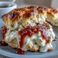 Goldene Scones mit üppiger Clotted Cream und süßem Fruchtaufstrich, perfekt für einen britischen Frühlingstee.
