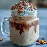 Glas mit cremigen Vanille-Frappuccino-Übernacht-Haferflocken mit Kaffee-Schichten.