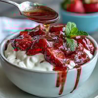 Erdbeer-Kompott über griechischem Joghurt mit Honig beträufelt und frischen Minzblättern garniert.