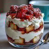 1. Schichten aus fluffigem Shortcake, süßen Erdbeeren und luftiger Sahne in einer eleganten Trifle-Schüssel für den Muttertag.
